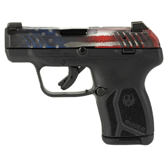 Black handgun with American flag design on a white background