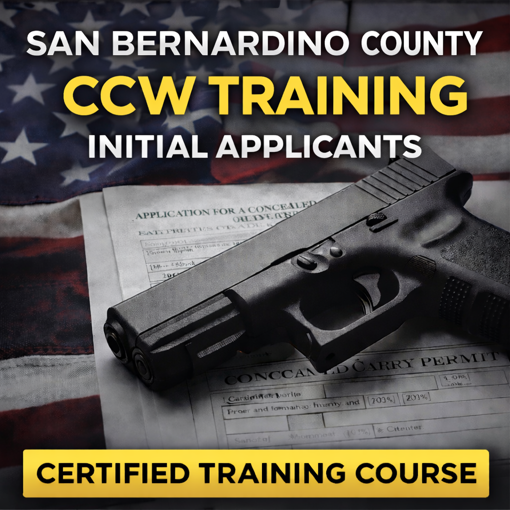 Glock handgun on a document with 'San Bernardino County CCW Training' text and American flag in the background.
