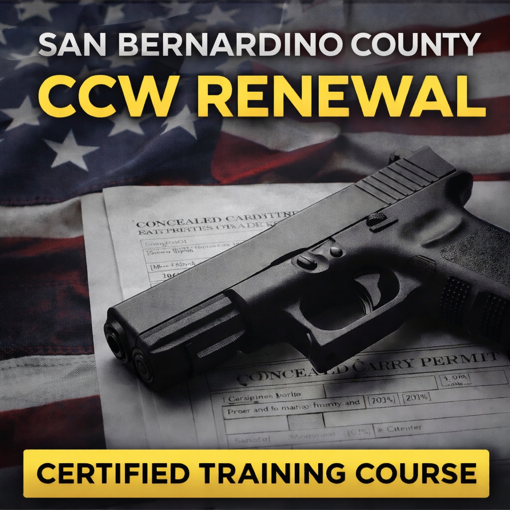 Glock handgun on a document with 'San Bernardino County CCW Renewal' text and American flag in the background.