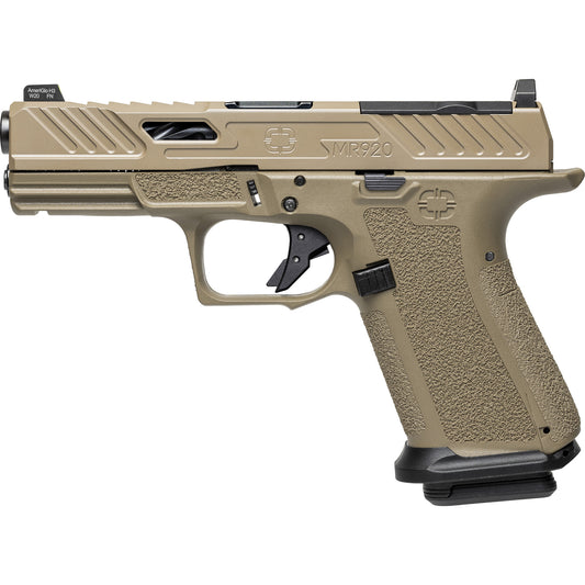 Tan handgun with black accents on a white background