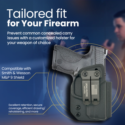 Customized holster for firearms with text on a blue background