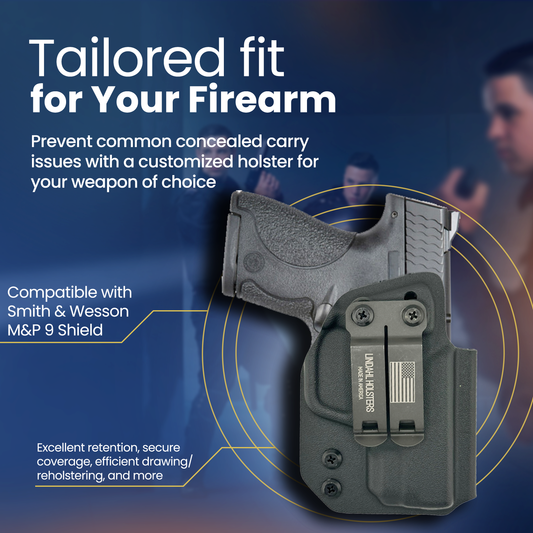 Customized holster for firearms with text on a blue background