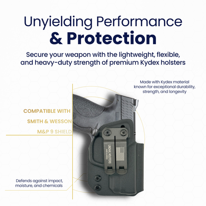 Kydex holster with text highlighting performance and protection, compatibility with Smith & Wesson and M&P 9 Shield, and durability features.