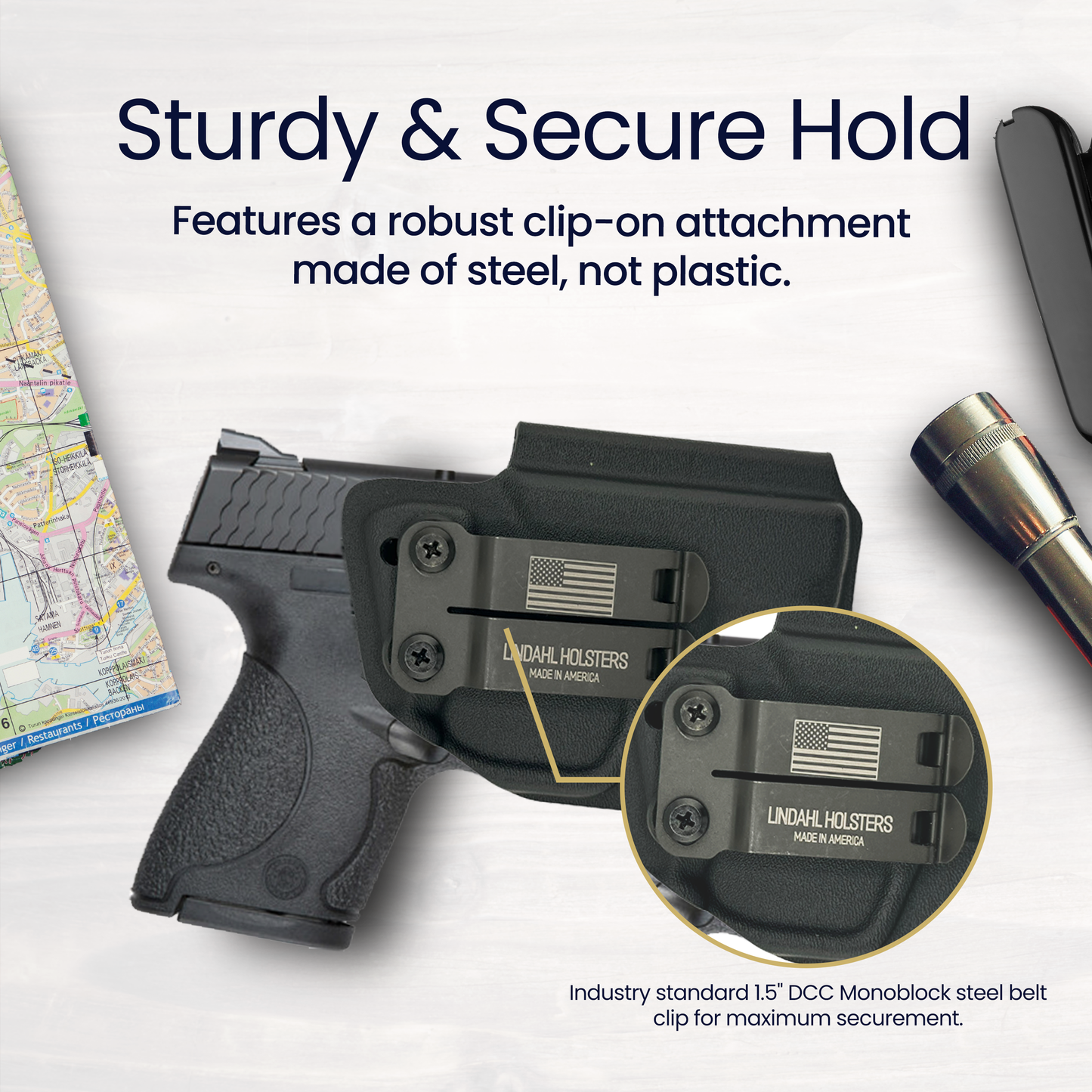Gun holster with clip-on attachment on a white background, featuring text about sturdiness and security.