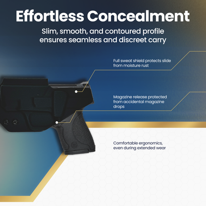 Black gun holster with text highlighting features on a blue and white background