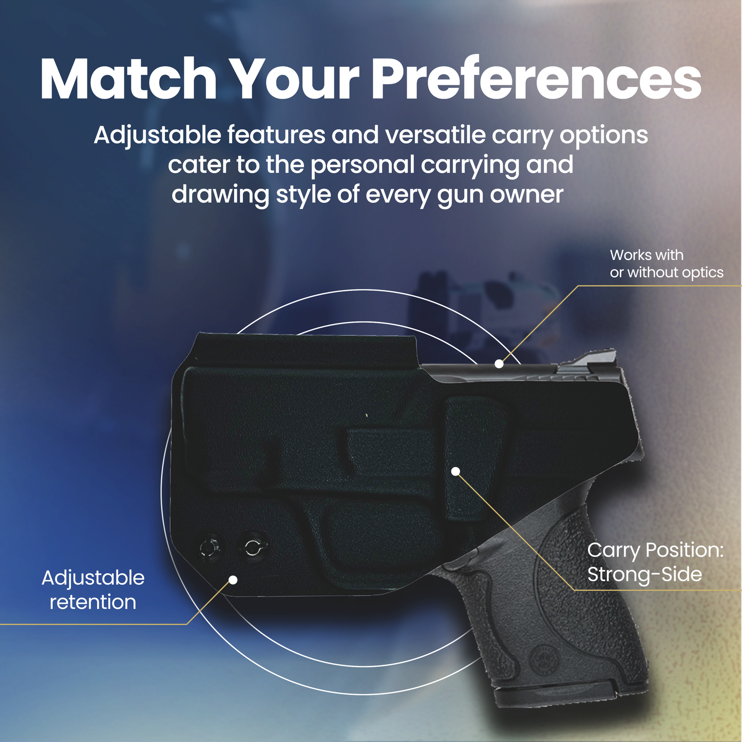 Black handgun with adjustable features on a blue and gray gradient background