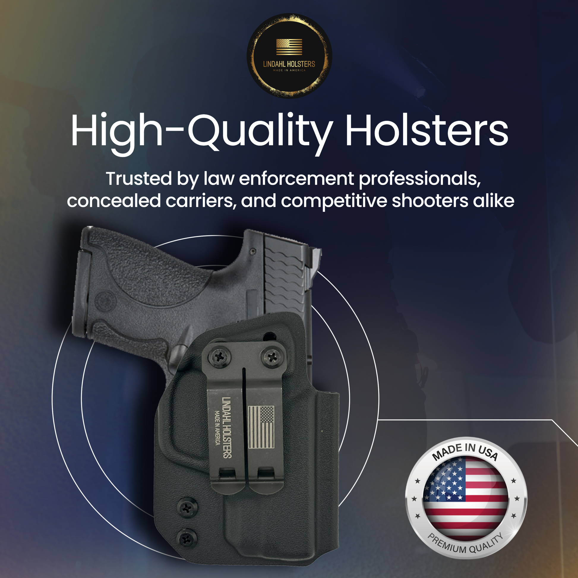 High-quality holster with branding and text on a dark background