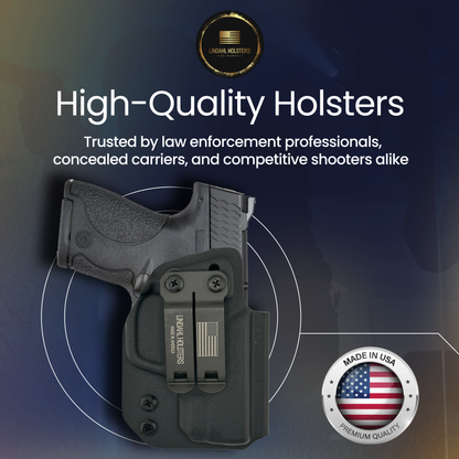 High-quality holster with branding and text on a dark background