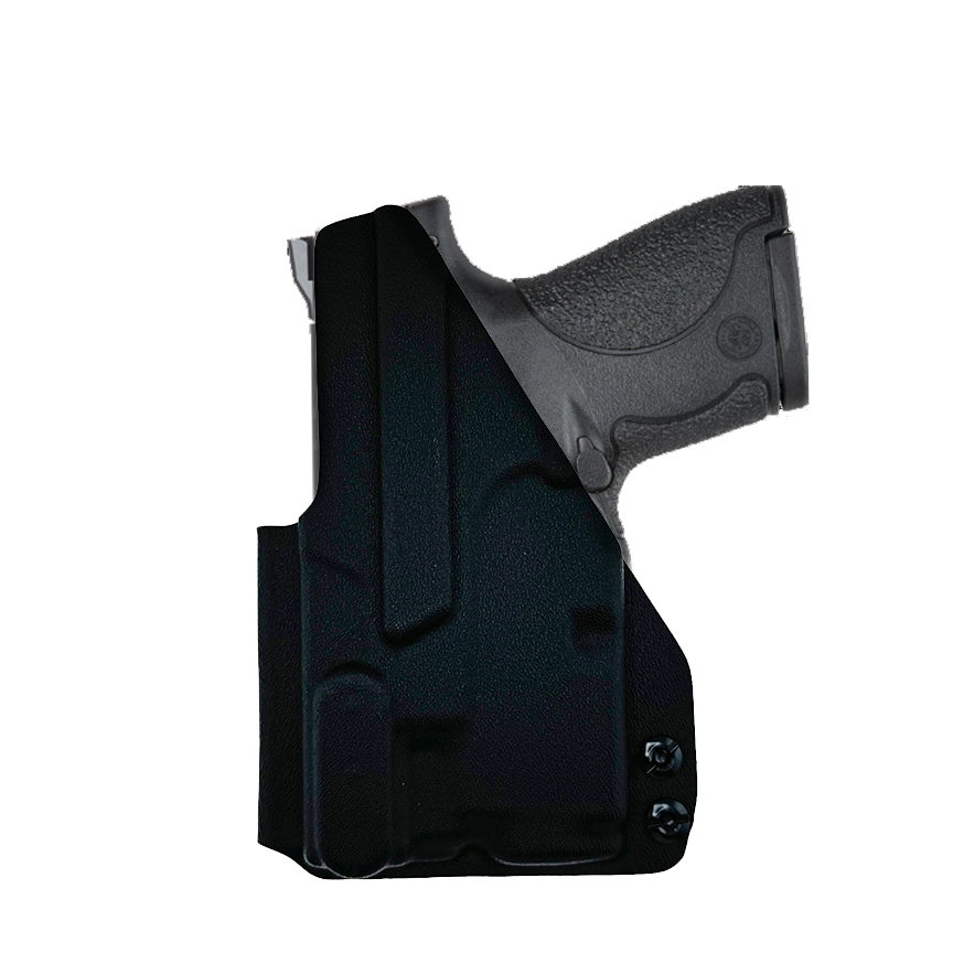 Black holster with a gun inside on a white background