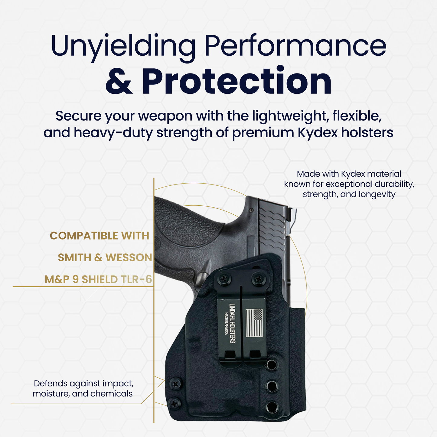 Kydex holster for a firearm with text highlighting features and compatibility on a white background