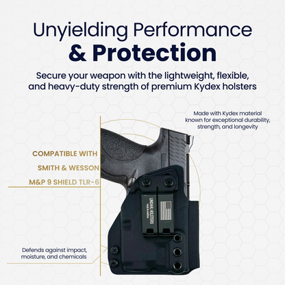 Kydex holster for a firearm with text highlighting features and compatibility on a white background