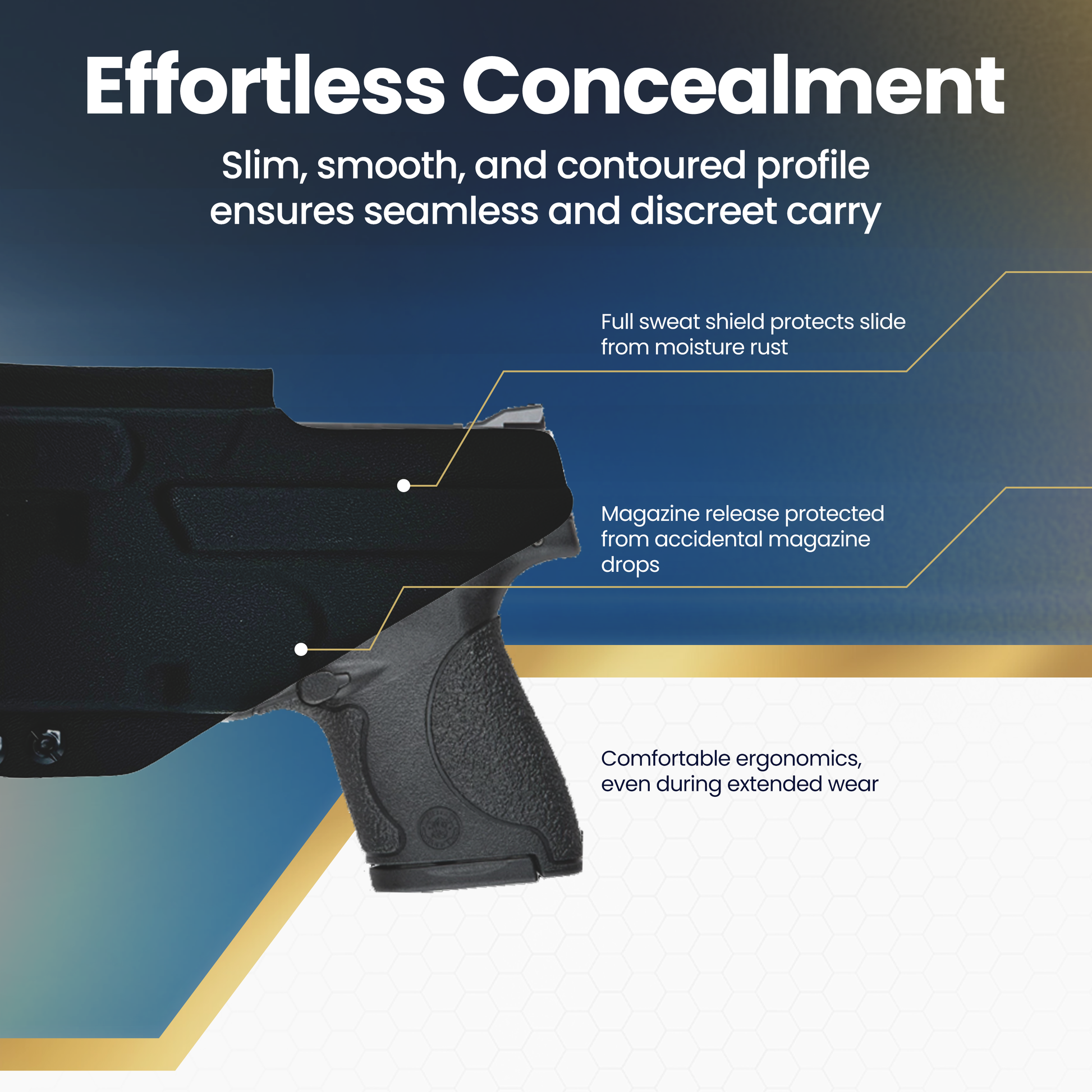 Black gun holster with text on effortless concealment features against a blue and white background