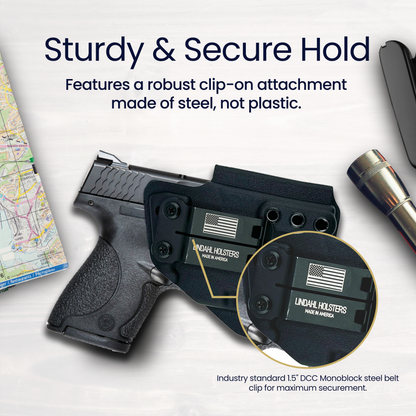 Handgun with Lindahl Holsters clip on a white background with text about sturdiness and security.