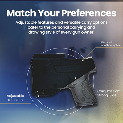 Black gun holster with text on a gradient blue and gray background