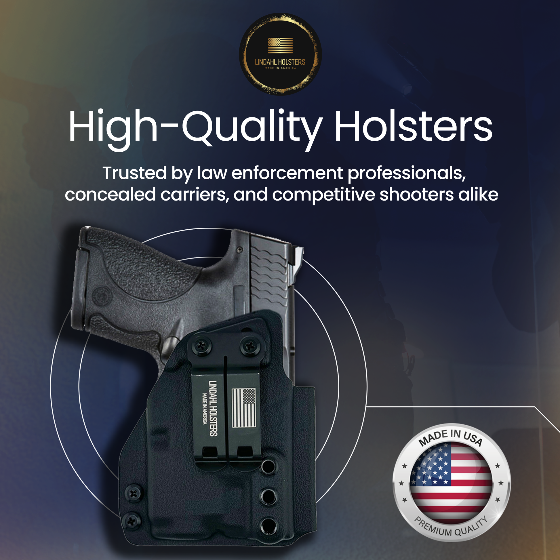 High-quality holsters with branding and text on a dark background