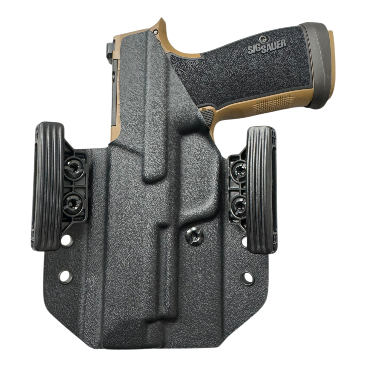 Sig Sauer handgun in a black holster on a white background