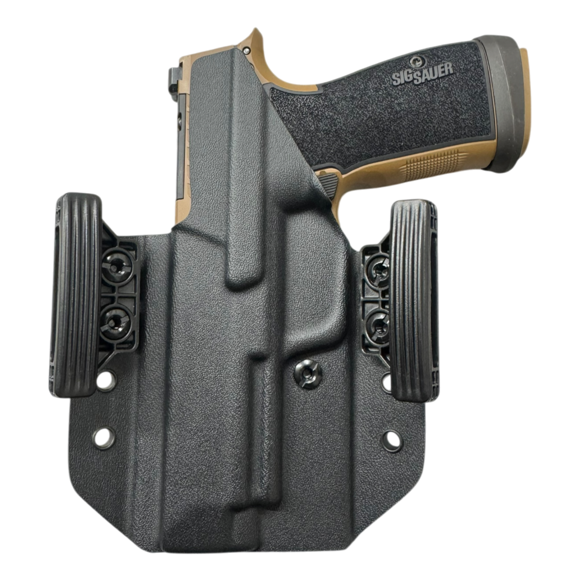 Sig Sauer handgun in a black holster on a white background