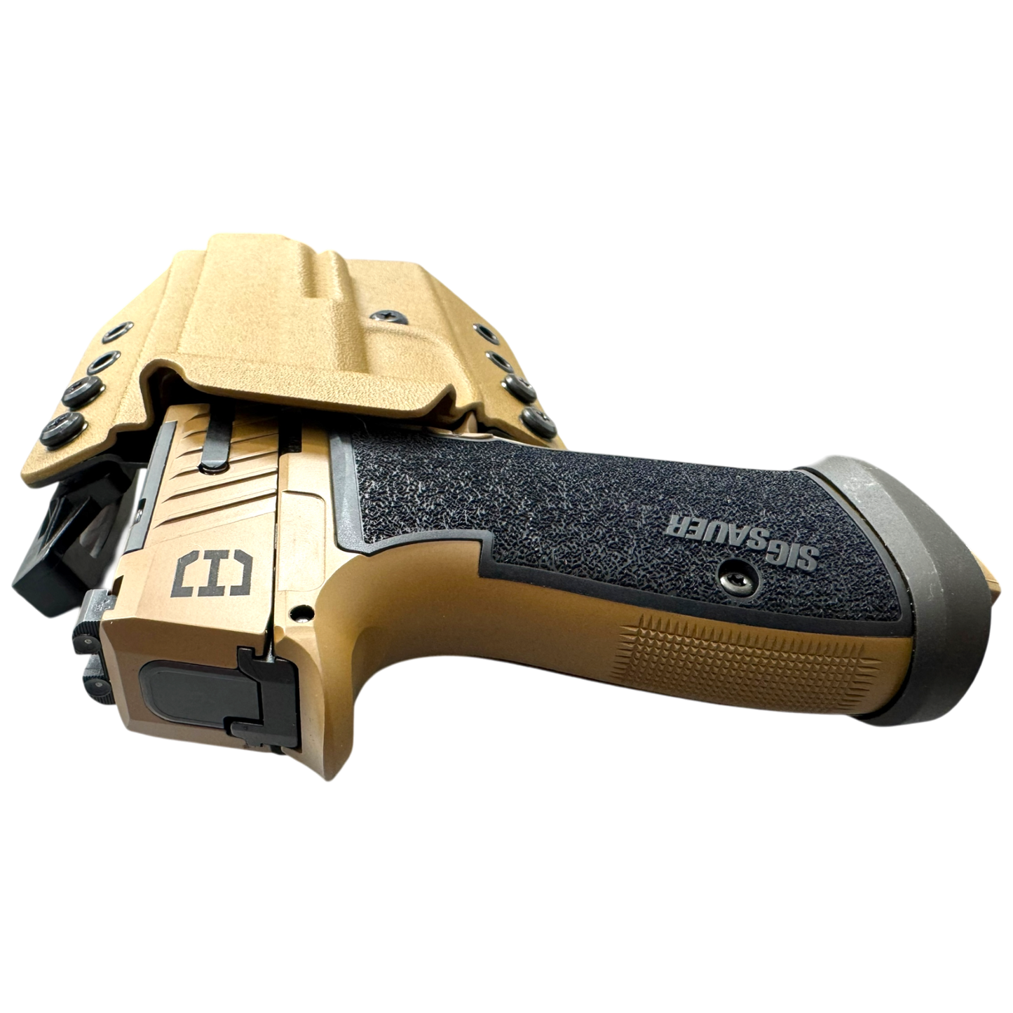 Tactical gun with tan and black design on a white background
