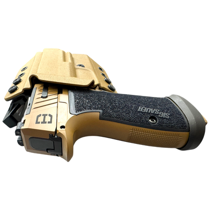 Tactical gun with tan and black design on a white background