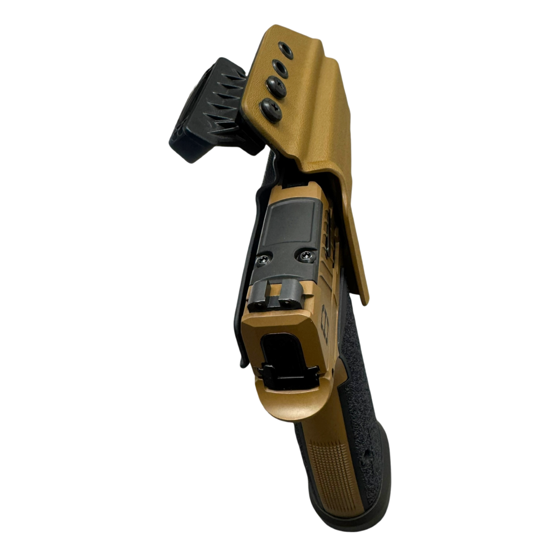 Tactical knife with a brown handle and black blade on a white background