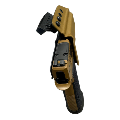 Tactical knife with a brown handle and black blade on a white background