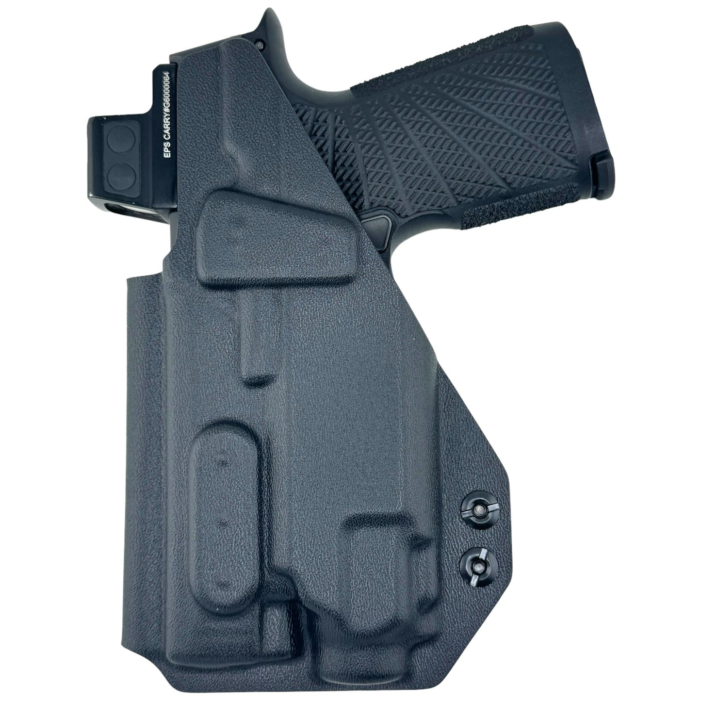 Black handgun in a holster on a white background