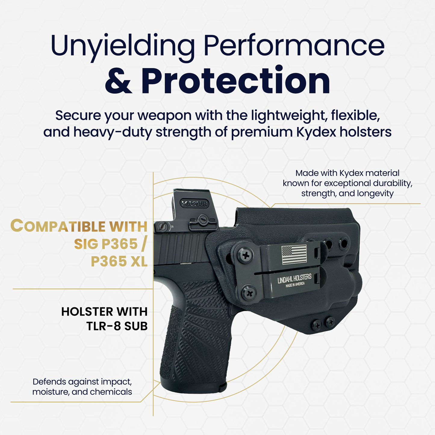 Black Kydex holster with TLR-8 SUB for SIG P365/P365 XL on a light gray background with text about performance and protection.