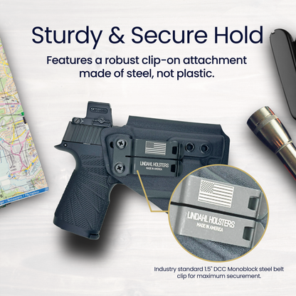 Lundahl Holsters product with text highlighting sturdiness and security, featuring a map and flashlight in the background.