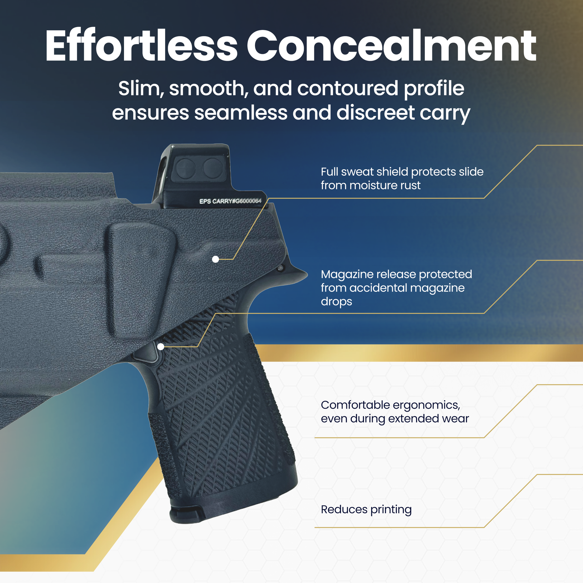 Gripping of a firearm with text highlighting features on a blue and white background