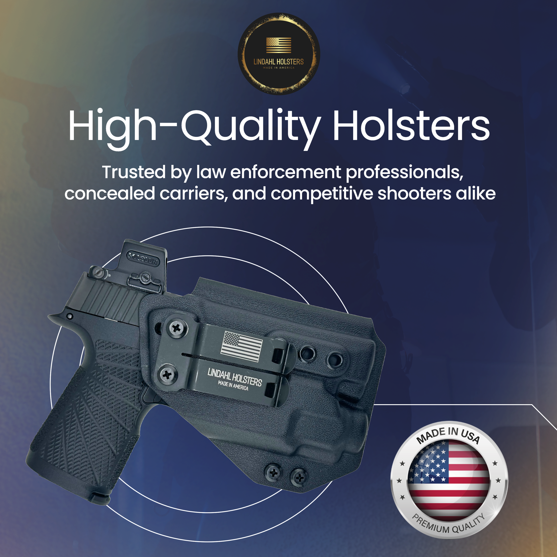 High-quality holster with branding and text on a blue gradient background