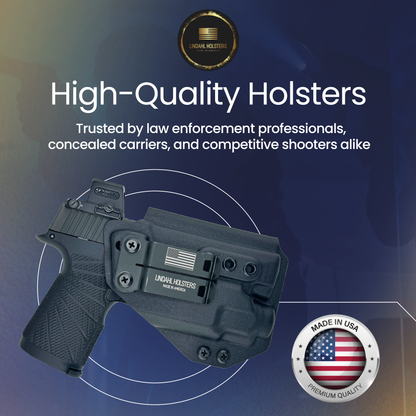 High-quality holster with branding and text on a blue gradient background