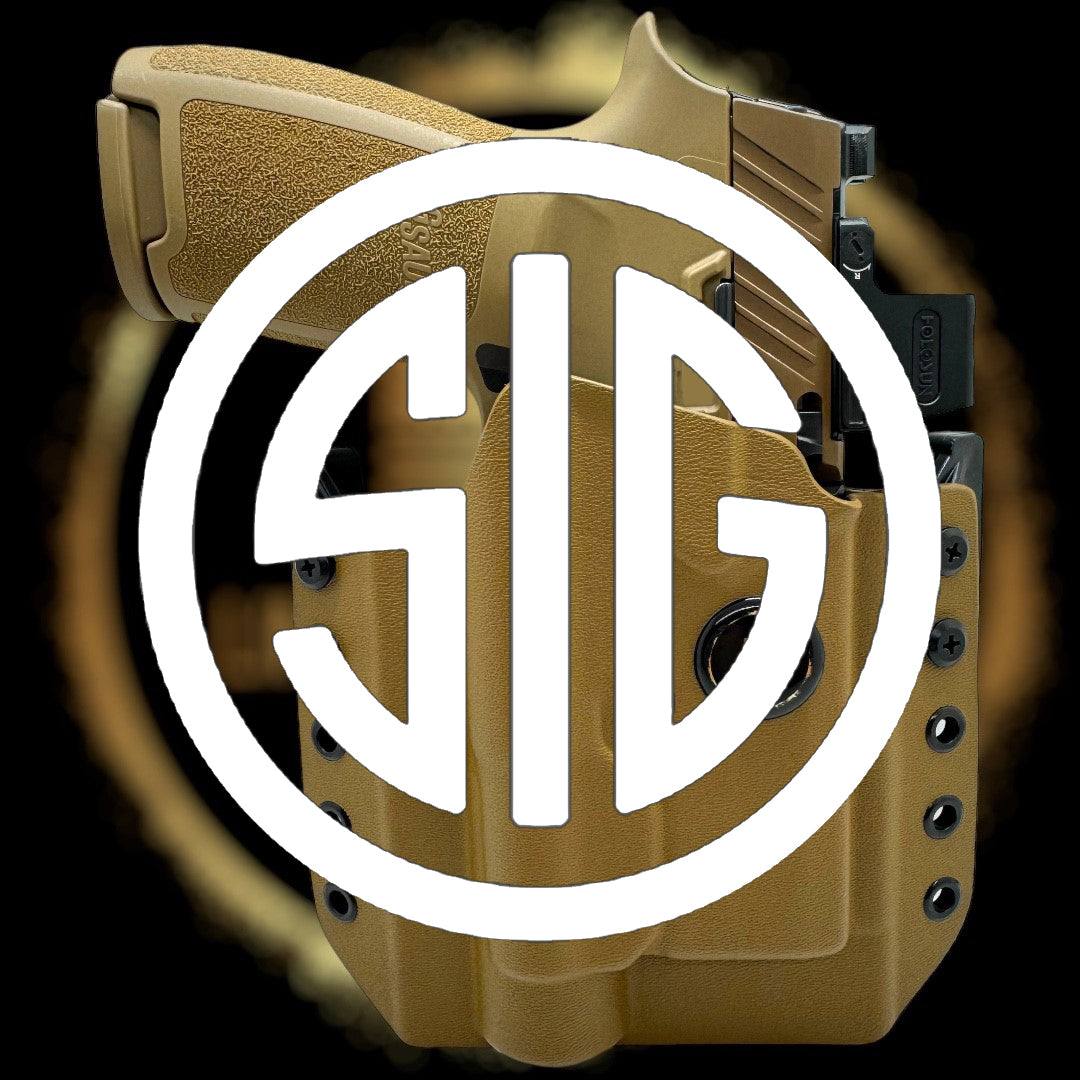 Tan gun with SIG logo overlay on a dark background