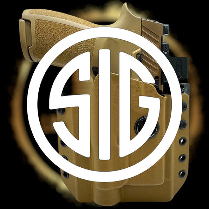 Tan gun with SIG logo overlay on a dark background
