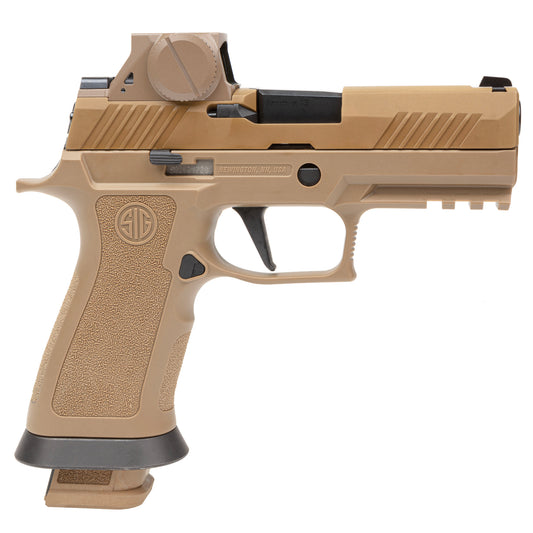 Tan handgun with black accents on a white background
