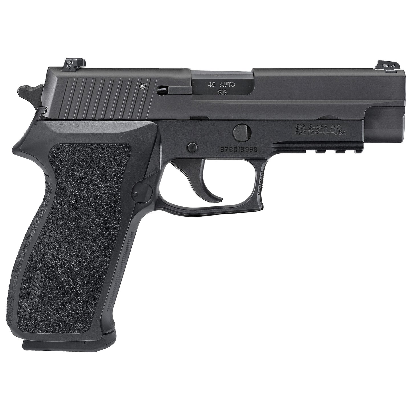 Black handgun on a white background