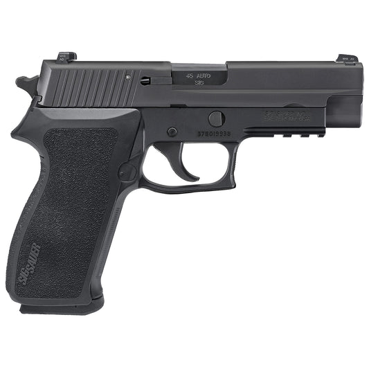 Black handgun on a white background