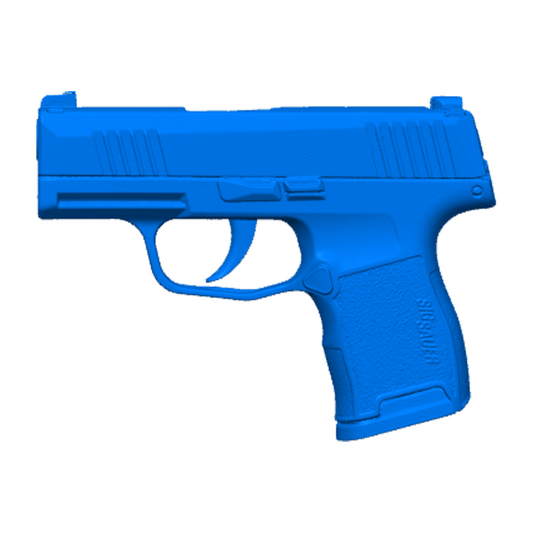 Blue plastic gun training model on a white background