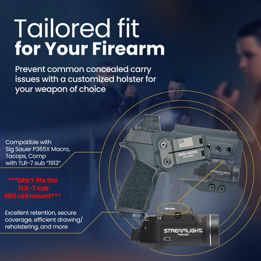 Advertisement for a customized holster with firearm and Streamlight light on a dark background