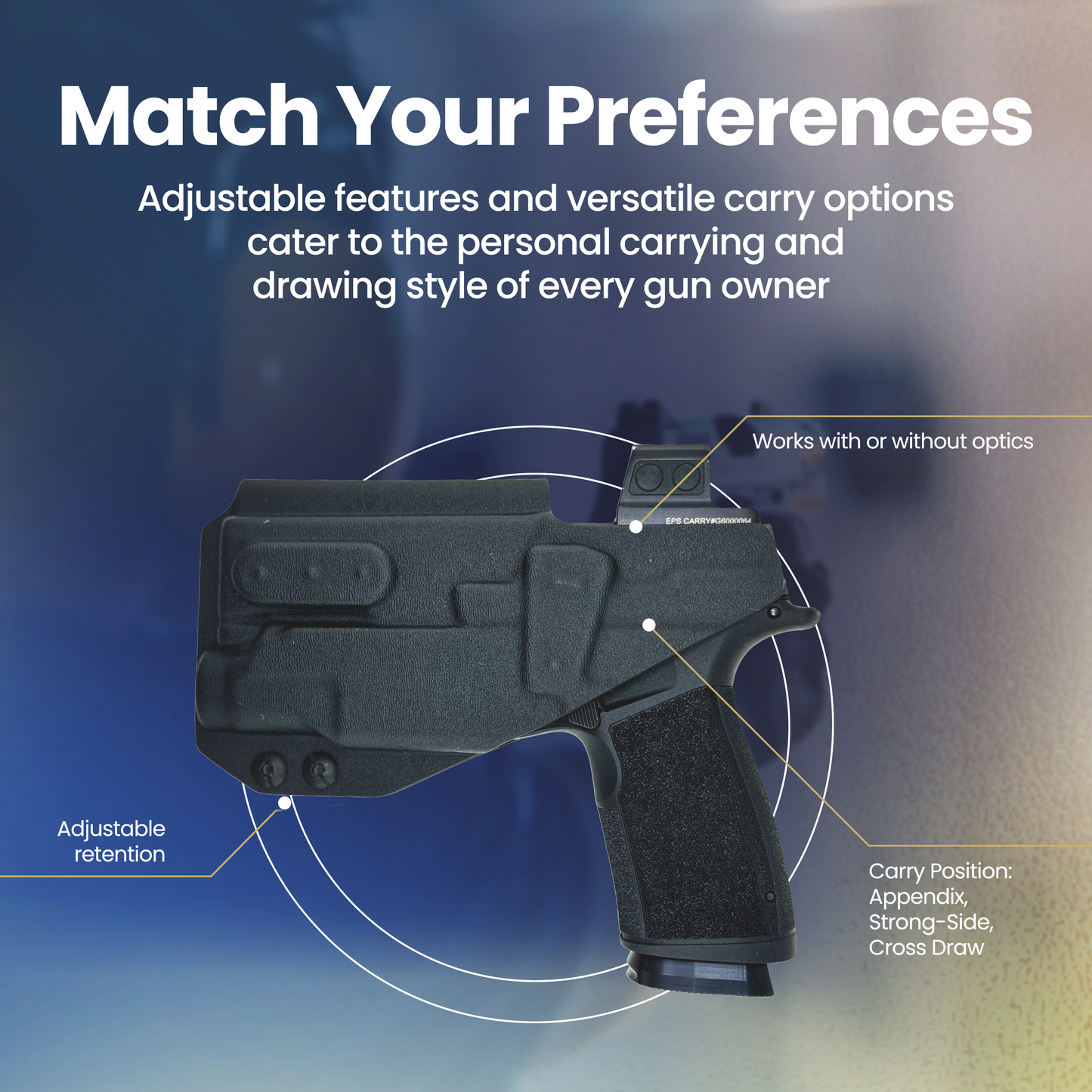 Black handgun with features highlighted on a blue background