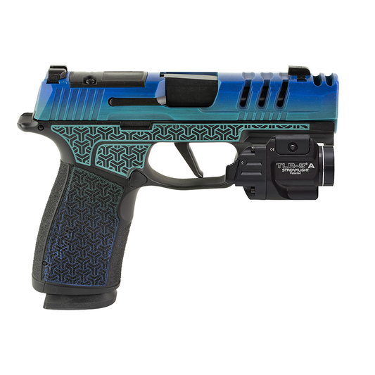 Blue and black handgun with a flashlight attachment on a white background