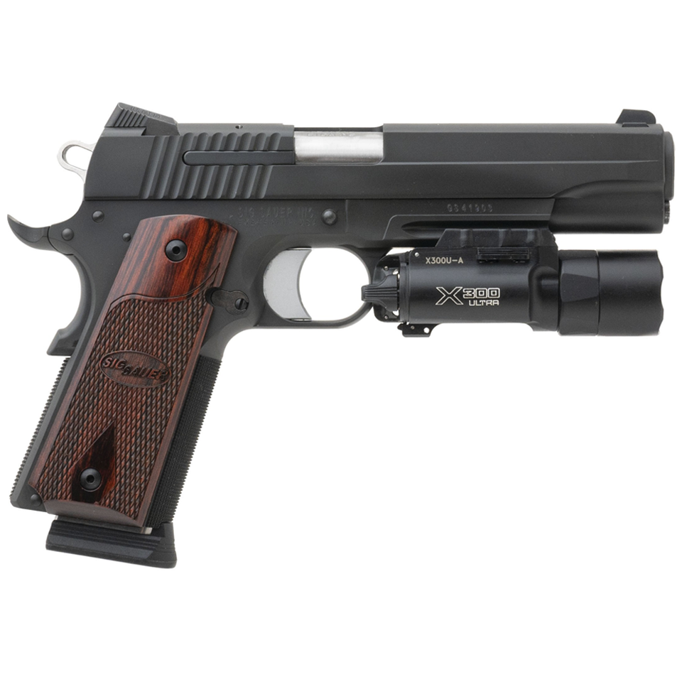 SIG SAUER 1911 FIREARM WITH A SUREFIRE X300 LIGHT ON A WHITE BACKGROUND.