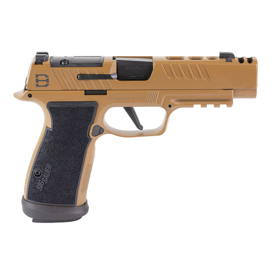 Tan handgun with black grip on a white background