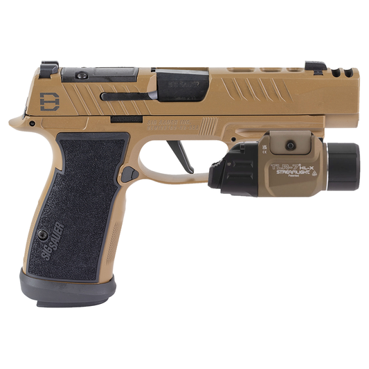 Tan handgun with black grip and attached flashlight on a white background