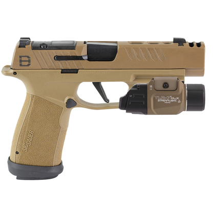 Tan handgun with a flashlight attachment on a white background