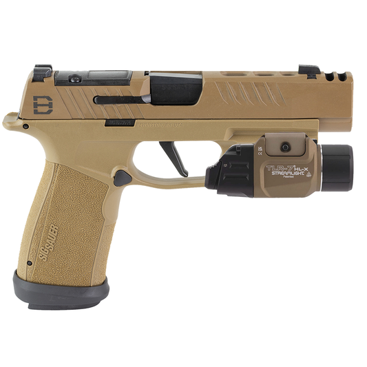Tan handgun with a flashlight attachment on a white background
