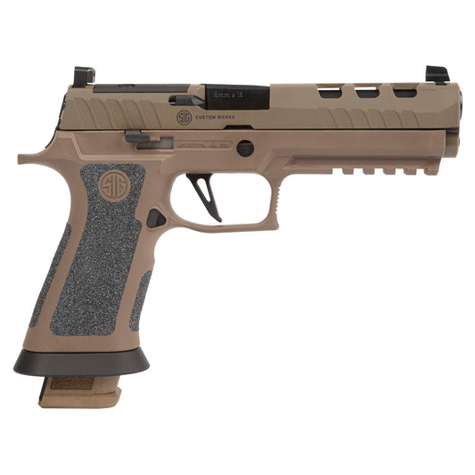 Tan handgun with visible branding on a white background