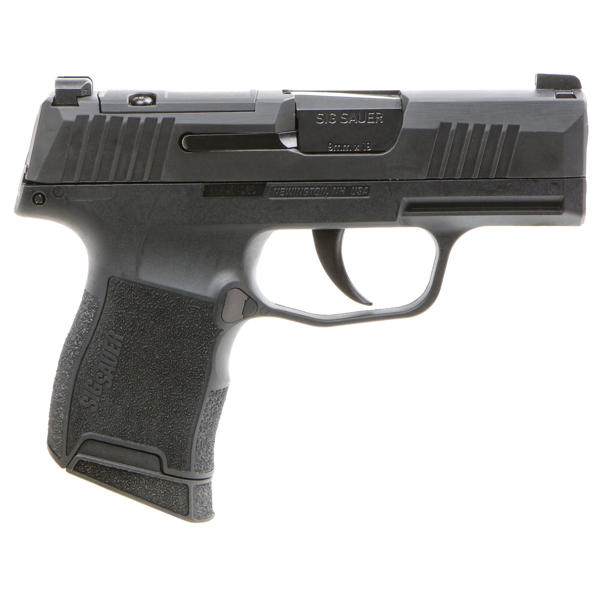 Black handgun with 'Sig Sauer' branding on a white background