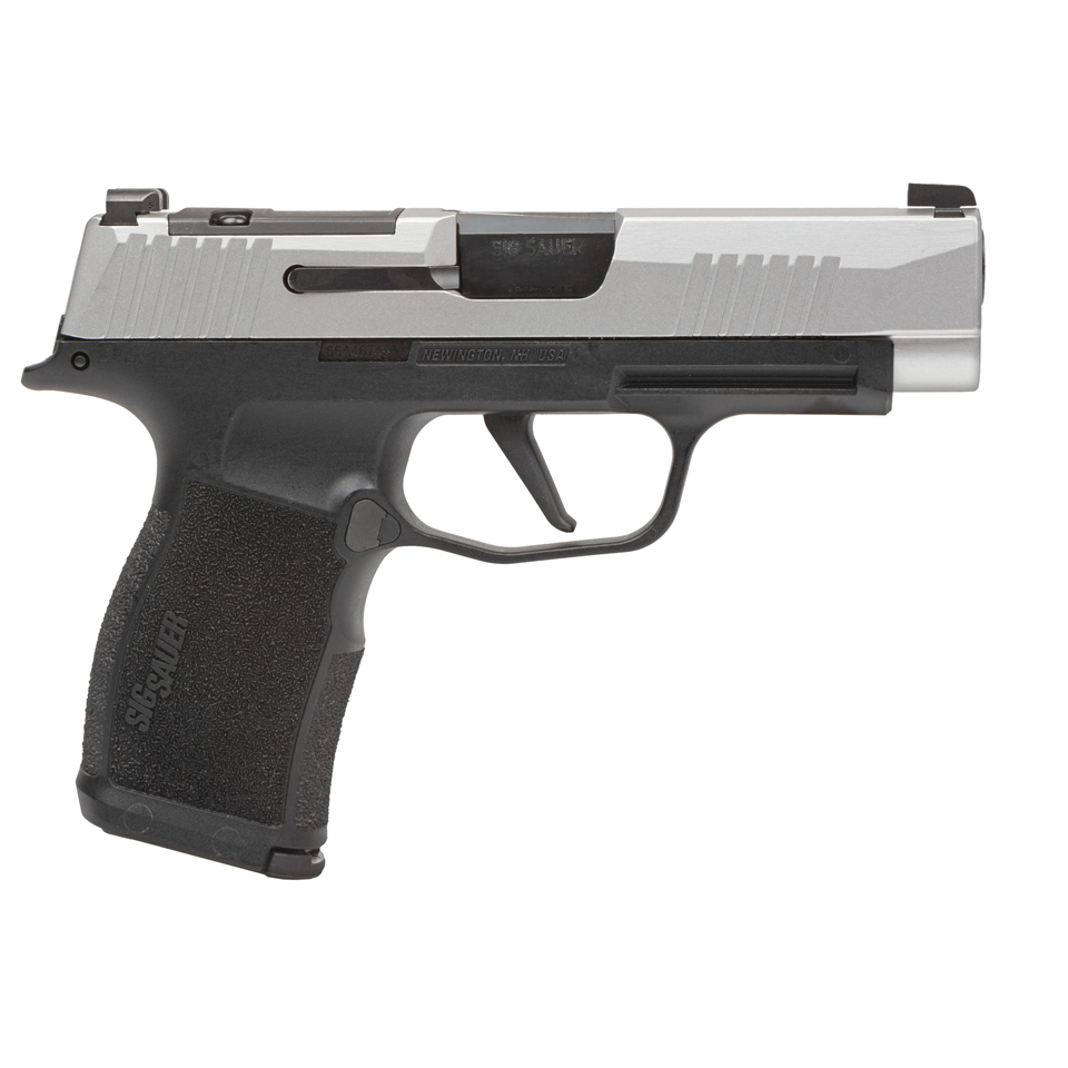 Handgun with black grip and silver slide on a white background