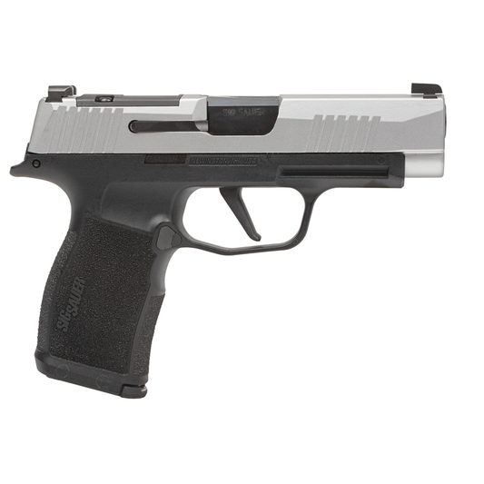 Handgun with black grip and silver slide on a white background
