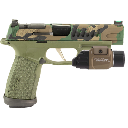 SIG SAUER P365 FUSE IN WOODLAND CAMO WITH A STREAMLIGHT TLR-7 HLX LIGHT ON A WHITE BACKGROUNS.